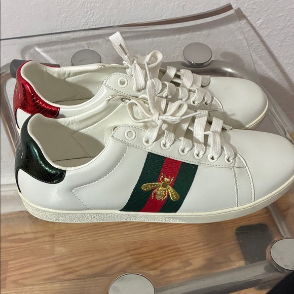 Gucci Shoes - Gucci Women's White Sneakers with Red and Green Stripes